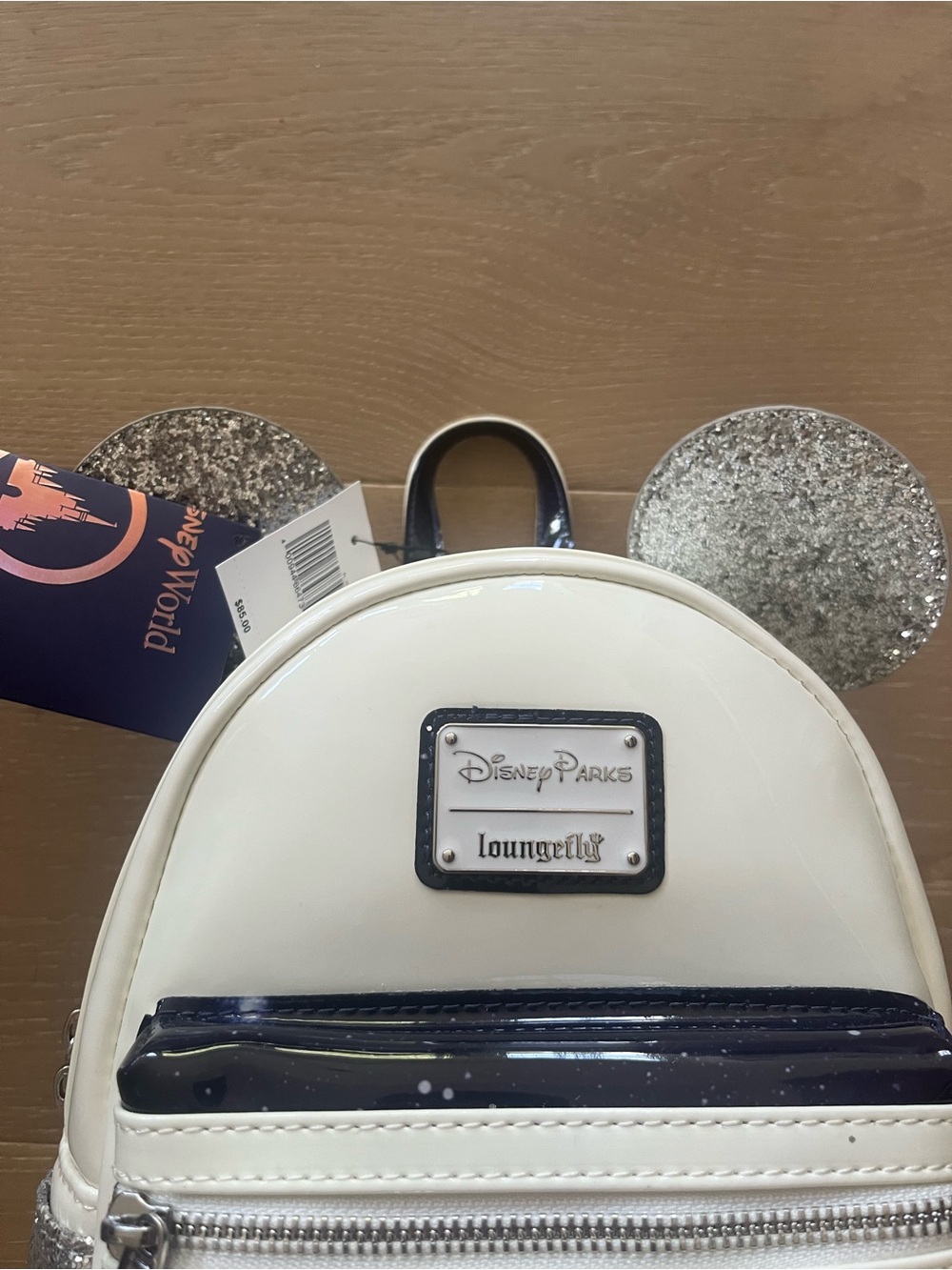 Loungefly White and Silver Mickey Ear Mini Backpack with Galaxy Pocket - Picture 4 of 14